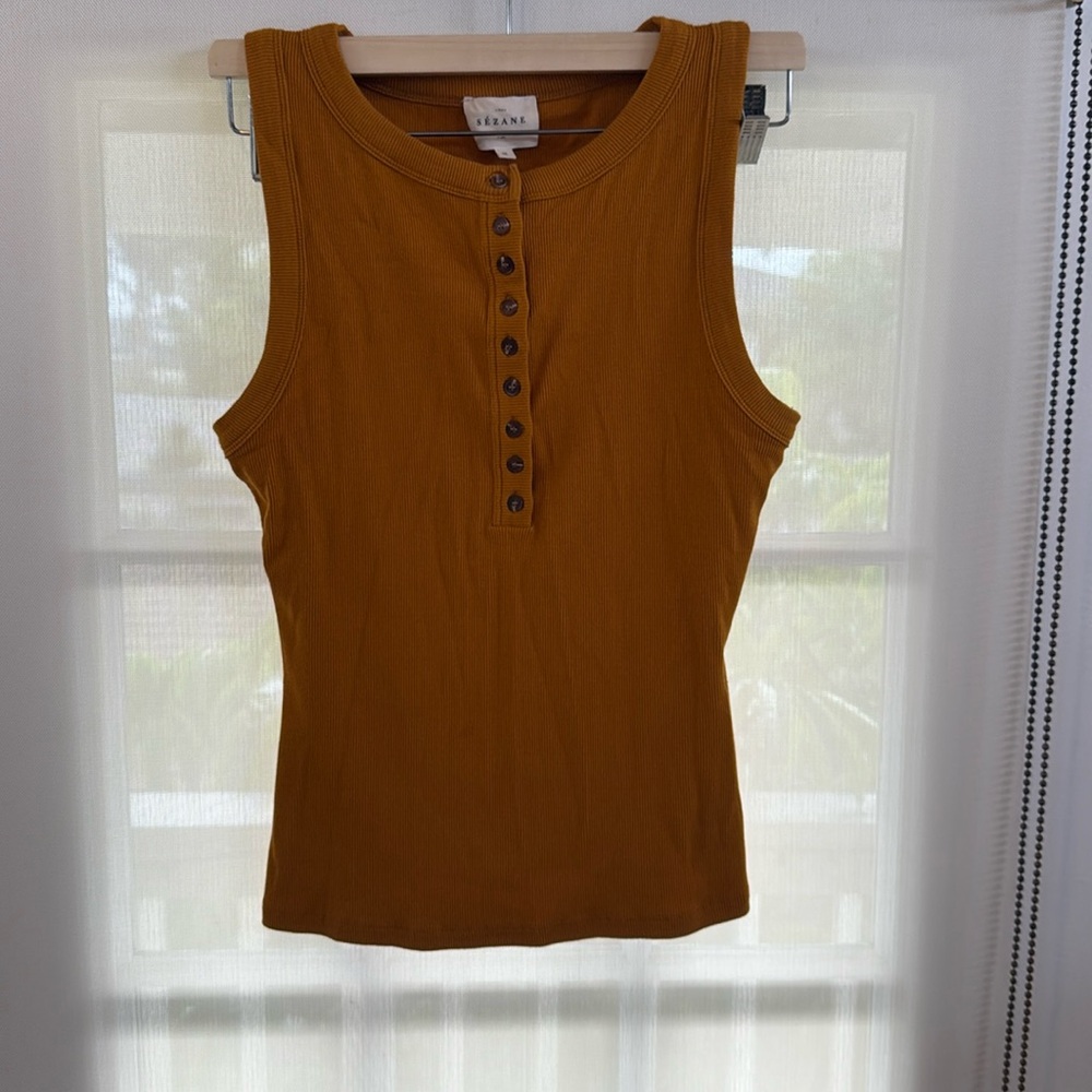Sezane Mustard Ribbed Henley Tank Top